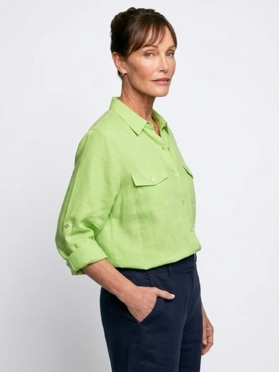 Studio Works Bright Lime Green Collared Linen Top - Picture 4 of 6